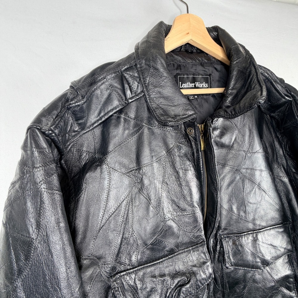 90's Leather Works Patchwork Bomber Jacket Size M… - image 3